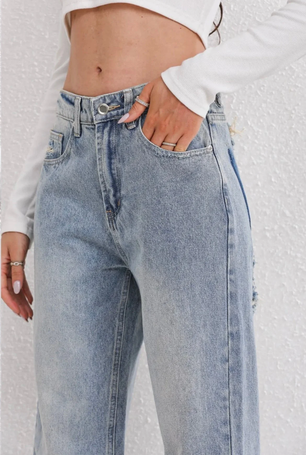 Jeans a Gamba Dritta a Vita Alta con Patchwork e Effetto Usato per Donna | Daniela - Image 5
